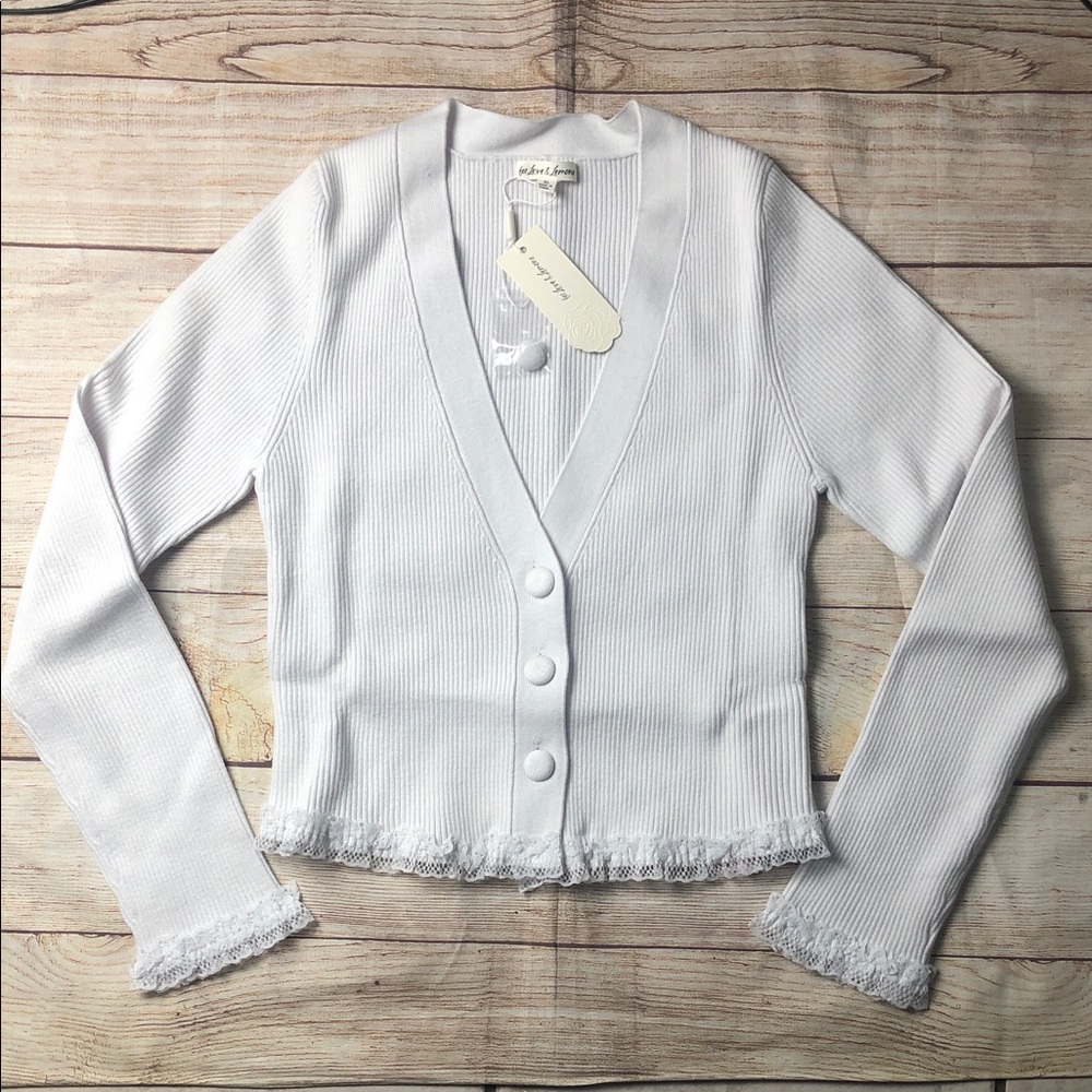 For Love And Lemons White Ribbed Cropped Cardigan with Lace Detail